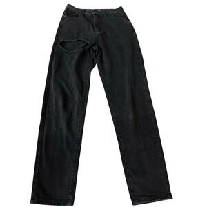 Prettylittlething Tall Black, Distressed, High Waist, Straight Leg Jeans- 6